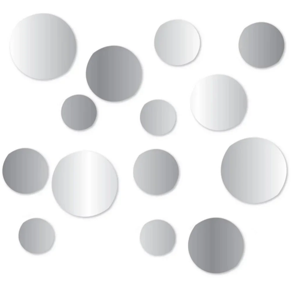 14Pc Peel & Stick Self-Adhesive Silver Circle Wall Acrylic Mirror Decals